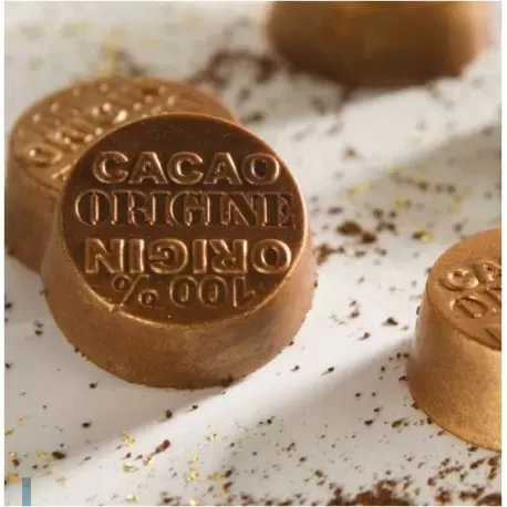 Chocolate World CW1625 Polycarbonate 100% Origin Cacao Chocolate Mold - 30 x 30 x 12 mm - 10gr - 3x7 Cavity - 275x135x24mm Mo...