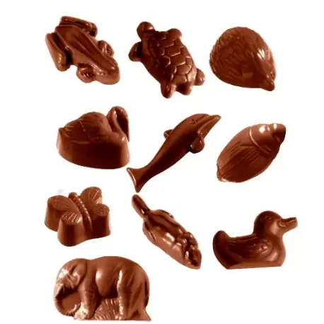 Chocolate World CW1541 Polycarbonate Assorted Animals Chocolate Mold - 1x20 Cavity - 10 Figures - 7.5 gr - 275x135x24mm Theme...