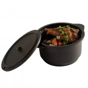 Pastry Chef's Boutique PS343220 Black Plastic Cooking Cocotte with Lid 12oz - 4.4'' x 4.4'' x 2.8'' - 100 pcs Plastic Mini Cu...