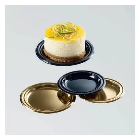 Pastry Chef's Boutique 0417025 Black Plastic Monoportion Cake Pastry Plates - Ø 85 mm - 125 pcs Mono Cake Boards