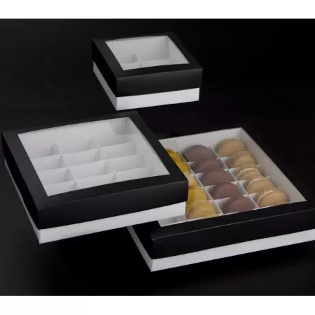 Pastry Chef's Boutique DWM15BK Deluxe Window Box for Macarons - 15 Macarons - 180x180x50mm - Black Top White Base - Pack of 3...