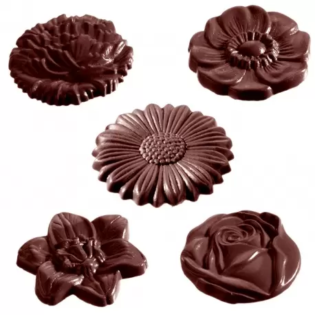 Chocolate World CW2224 Polycarbonate Caraque Flower Chocolate Mold - 5 Figures - 45 x 45 x 7 mm - 10gr - 3x5 Cavity - 275x175...