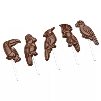 Chocolate World CW1954 Polycarbonate Tropical Birds Lollipop Chocolate Mold - 5 Cavity - Different Figures - 275x135x24mm The...