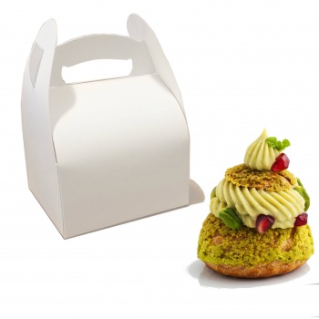 Pastry Chef's Boutique 15260           White Cardboard Pastry Cake Entremets Boxes with Handles - 11 x 10 cm - Pack of 50 Pas...