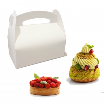 Pastry Chef's Boutique 15261   White Cardboard Pastry Cake Entremets Boxes with Handles - 18 x 10 cm - Pack of 50 Pastry Boxes