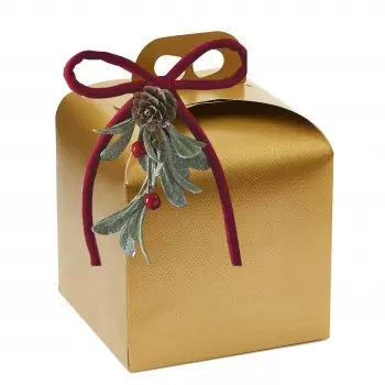 Pastry Chef's Boutique 651594 Deluxe Gold Leather Panettone Carboard Box with handle - 20 x 20 x 18 cm - 25 pcs - Panettone P...