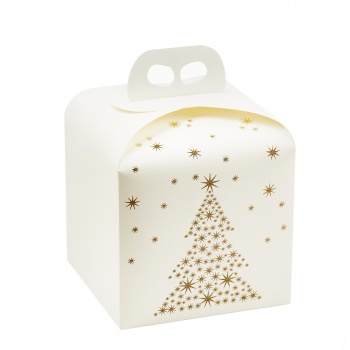 Deluxe White and Gold Holiday Tree Panettone  Carboard Box with handle  - 20 x 20 x 18 cm - 25 pcs -