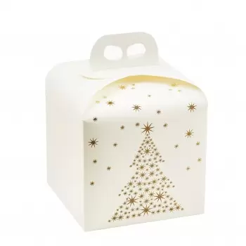 Pastry Chef's Boutique 6515999 Deluxe White and Gold Holiday Tree Panettone Carboard Box with handle - 20 x 20 x 18 cm - 25 p...