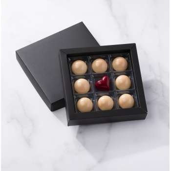 	Matte Black Closed Frame with Clear Plastic Insert Chocolate Candy Boxes - Holds 9 Chocolates - Pack of 24