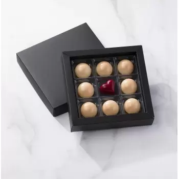 Matte Black Closed Frame with Clear Plastic Insert Chocolate Candy Boxes - Holds 9 Chocolates - Pack of 48
