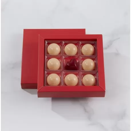 Pastry Chef's Boutique TREN9RD Matte Red Closed Frame with Clear Plastic Insert Chocolate Candy Boxes - Holds 9 Chocolates - ...
