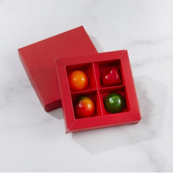Matte Red Closed Frame Chocolate Candy Boxes with Cardboard Divider - Holds 4 Chocolates -  Pack of 48
