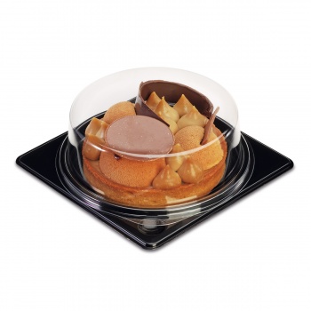 Round Tart Cheesecake Plastic Boxes for Ø 100 mm Pastries - Black Base - 120 x 120 x 35 mm - Pack of 30 pieces