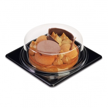 Pastry Chef's Boutique PCB17455 Round Tart Cheesecake Plastic Boxes for Ø 100 mm Pastries - Black Base - 120 x 120 x 35 mm - ...