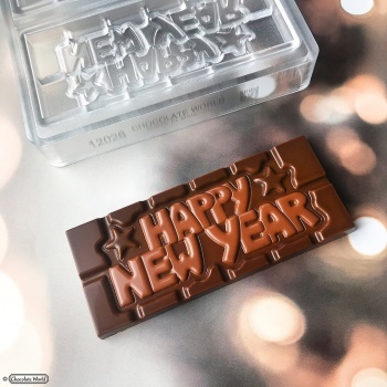 Chocolate World CW12026 Polycarbonate Happy New Year Tablet Chocolate Bar - 118 x 50 x 8 mm - 45gr - 1x4 Cavity - 275x135x24m...