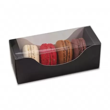 Pastry Chef's Boutique BIM4BK Deluxe Bi Frame Macaron Cardboard with window Box - 4 Macarons - Matte Black - Pack of 100 Maca...