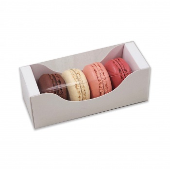 Pastry Chef's Boutique BIM4W Deluxe Bi Frame Macaron Cardboard with window Box - 4 Macarons - Matte White - Pack of 100 Macar...
