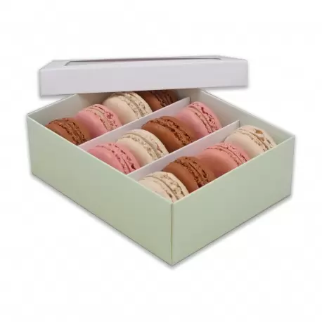 Pastry Chef's Boutique DWM12LG Deluxe Window Box for Macarons - 12 Macarons - White Top Green Base - Pack of 36 Boxes Macaron...