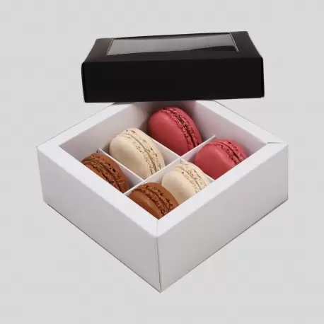 Pastry Chef's Boutique DWM6BK Deluxe Window Box for Macarons - 6 Macarons - 120x120x50mm - Black Top White Base - Pack of 48 ...