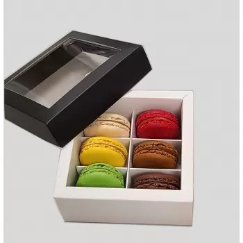 Pastry Chef's Boutique DWM6BK Deluxe Window Box for Macarons - 6 Macarons - 120x120x50mm - Black Top White Base - Pack of 48 ...