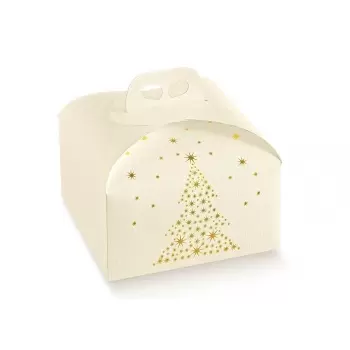 Pastry Chef's Boutique 6515999 Deluxe White and Gold Holiday Tree Panettone Carboard Box with handle - 24.5 x 24.5 x 13 cm - ...