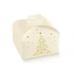 Pastry Chef's Boutique 6515999 Deluxe White and Gold Holiday Tree Panettone Carboard Box with handle - 24.5 x 24.5 x 13 cm - ...