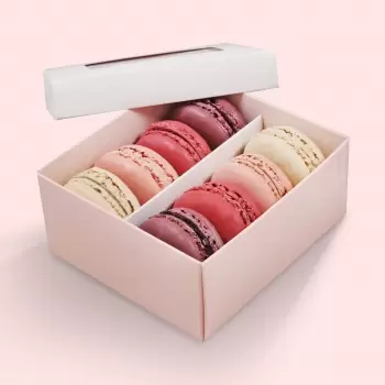 Pastry Chef's Boutique T3W6LP Deluxe Window Box for Macarons - 8 Macarons - White Top Pink Base - Pack of 48 Boxes Macarons P...