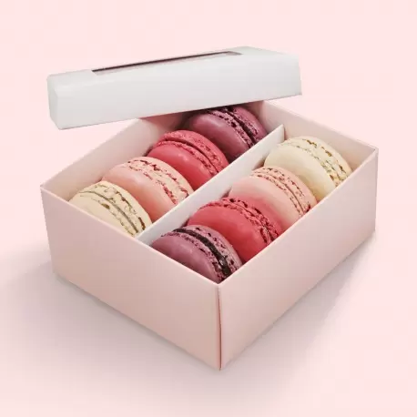 Pastry Chef's Boutique T3W6LP Deluxe Window Box for Macarons - 8 Macarons - White Top Pink Base - Pack of 48 Boxes Macarons P...