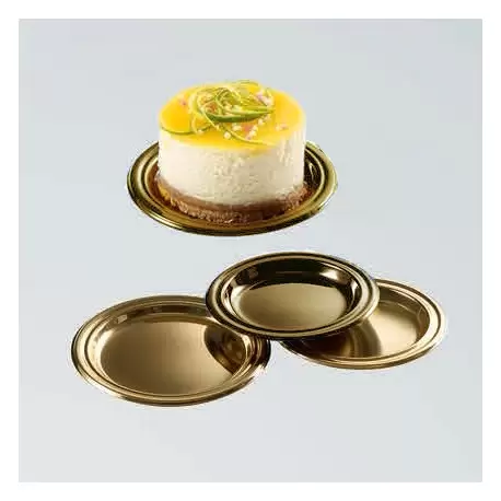 Pastry Chef's Boutique 0417027 Gold Plastic Monoportion Cake Pastry Plates - Ø 95 mm - 125 pcs Mono Cake Boards