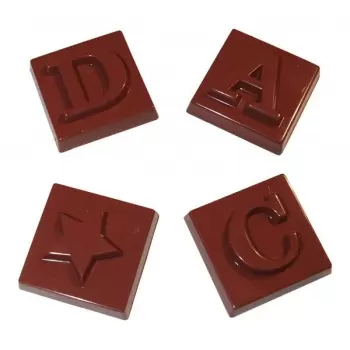 Polycarbonate Complete Alphabet Chocolate Mold - 26 Letters 1 Heart 1 Star - 30.2 x 30.2 x 8.55mm - 4x7 cavity