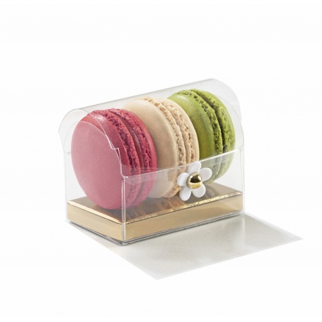 Pastry Chef's Boutique 36211 Clear Deluxe Plastic Macarons Gift Gold Insert - 3 Macarons - 80 x 50 x 50 mm - Pack of 50 - Flo...
