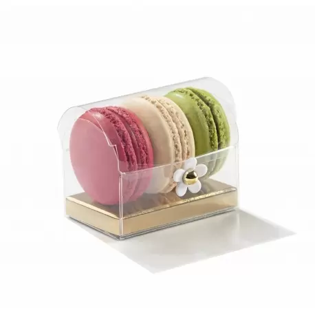 Pastry Chef's Boutique 36211 Clear Deluxe Plastic Macarons Gift Gold Insert - 3 Macarons - 80 x 50 x 50 mm - Pack of 50 - Flo...