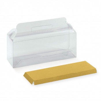 Clear Pastry Voyage Cake Box with Handle and Gold Leather Cardboard Base Insert - 270 mm x 90 mm x 100 mm - Pack of 25