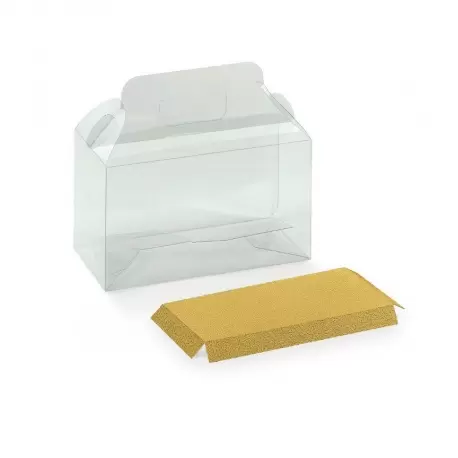 Pastry Chef's Boutique 13840 Clear Pastry Box with Handle and Gold Leather Cardboard Base Insert - 180 mm x 90 mm x 100 mm - ...