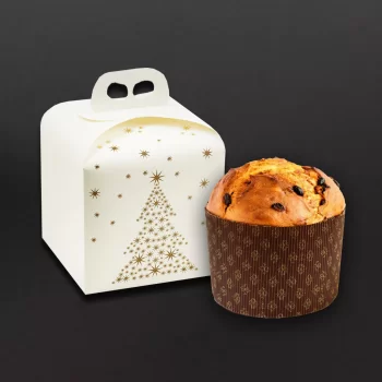 Pastry Chef's Boutique 6515999 Deluxe White and Gold Holiday Tree Panettone Carboard Box with handle - 20 x 20 x 18 cm - 25 p...