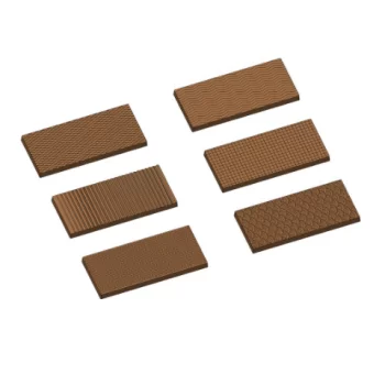 Polycarbonate Chocolate Tablet Molds - 6 different designs - 70.6mm x 31.7mm x h 3.9mm - 4 x 3 cavity - 10gr
