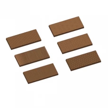 Polycarbonate Chocolate Tablet Molds - 6 different designs - 70.6mm x 31.7mm x h 3.9mm - 4 x 3 cavity - 10gr