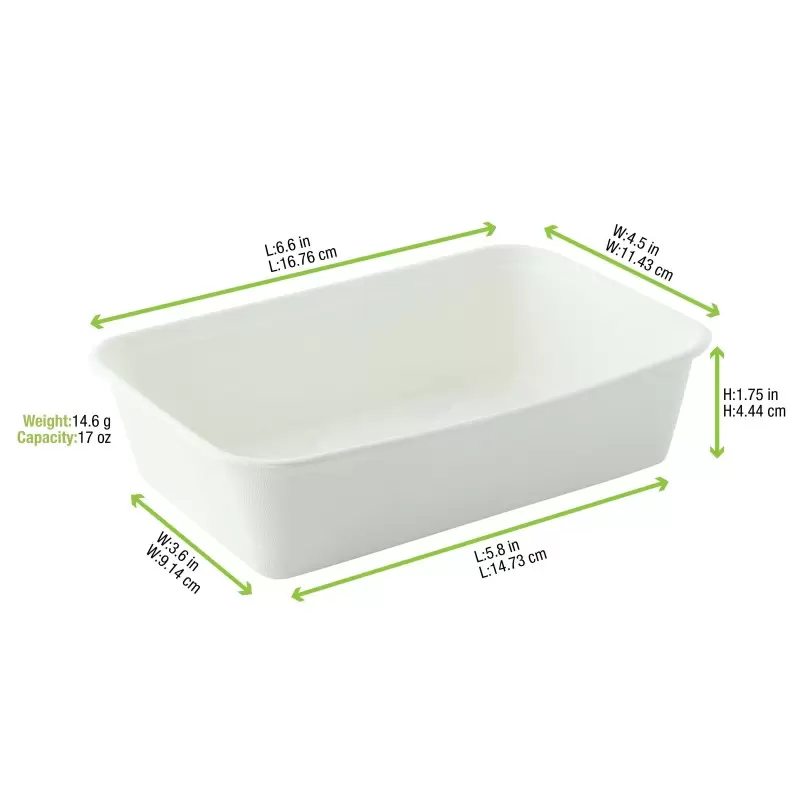 PacknWood Eco Rec Rectangular White Sugarcane Salad Bowl - 17oz 6.8 x 4.6 x 1.6'' - 500 pcs