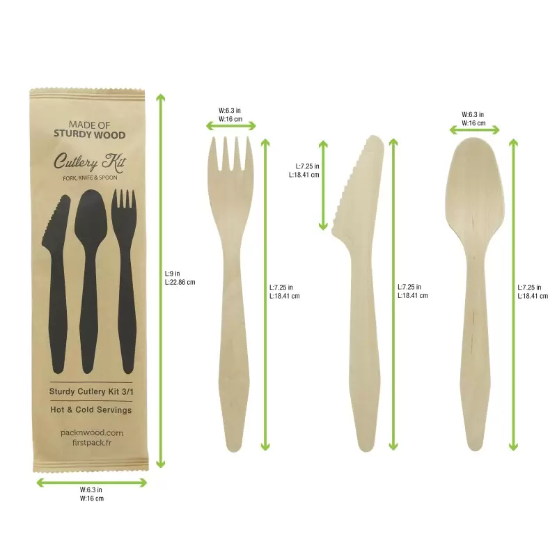 PacknWood Heavy Weight Wooden Cutlery 3-1 Kit (Knife + Fork + Spoon) - 7.3'' - 250 pcs PacknWood Heavy Weight Wooden Cutlery 3-1 Kit (Knife + Fork + Spoon) - 7.3'' - 250 pcs