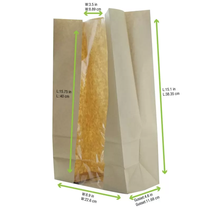 PacknWood Long Brown Sos Bag With Window - 8.9 x 4.7 x 10.8'' - 500 pcs PacknWood Long Brown Sos Bag With Window - 8.9 x 4.7 x 10.8'' - 500 pcs