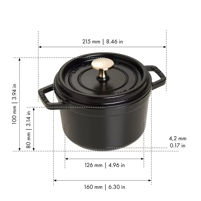 STAUB 1101625 Staub 1.25-qt Round Dutch Oven - Black