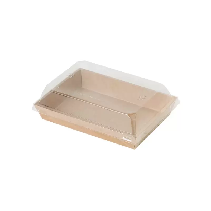 PacknWood Sushi Box in Kraft With Pet Lid - Base: 14oz 5.9 x 4.1 x 1'' Lid - 300 pcs PacknWood Sushi Box in Kraft With Pet Lid - Base: 14oz 5.9 x 4.1 x 1'' Lid - 300 pcs