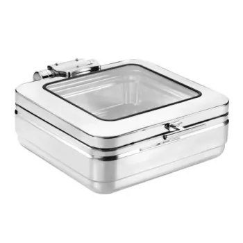 Worthy, Noble & Kent Square Induction Chafer W/Glass Lid And S/S Insert L 14 3/4" W 18 7/8" H 6 3/4" - 6 3/4 Qt