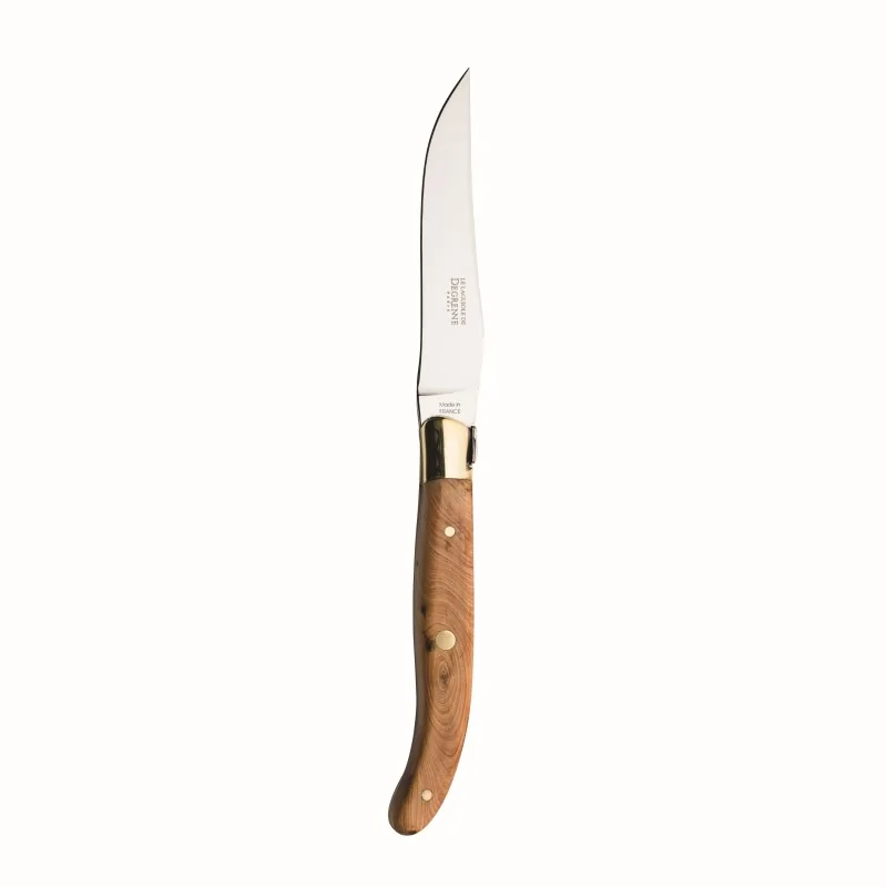Degrenne Laguiole Stainless Steel Laguiole Steak Knife Olive Wood Brass Bolster 230 mm - 9 ''1/16 - Pack of 6