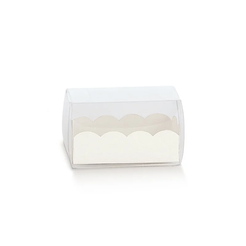 Transparent Favor Gift Box with Scalloped White Fiber Base - 80 mm x 50 mm x h 50 mm - 50 pcs Transparent Favor Gift Box with Scalloped White Fiber Base - 80 mm x 50 mm x h 50 mm - 50 pcs