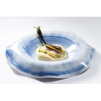 Handcrafted Fine Porcelain Deep Plate Gourmet 28 cm - Height 4.5 cm - Decor Light Blue/Green - Set of 4