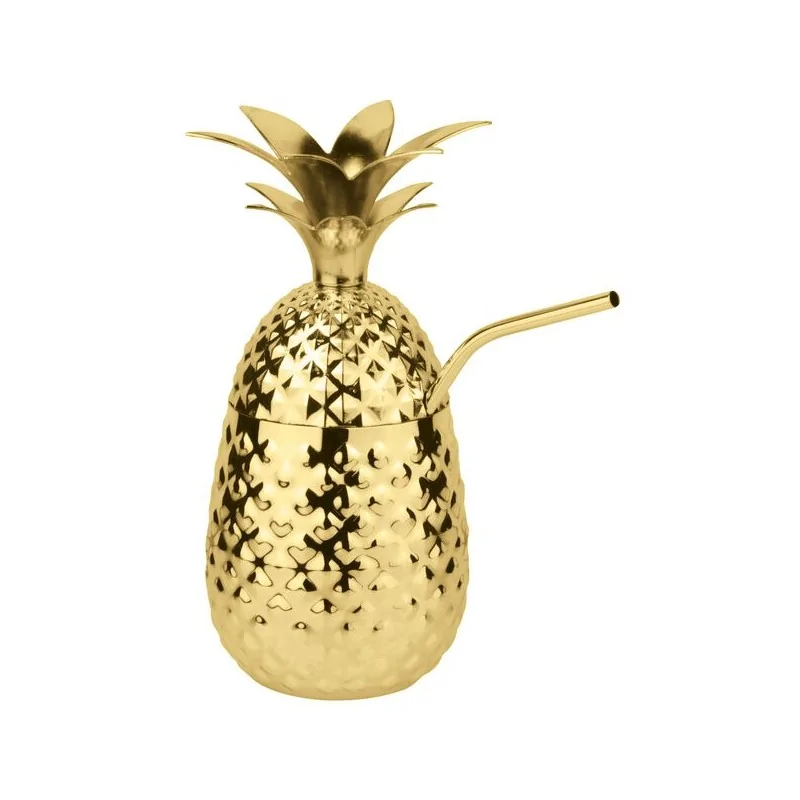 Pineapple Cup with Straw Gold - 17 oz - D: 3¾” H: 8”