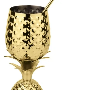 Pineapple Cup with Straw Gold - 17 oz - D: 3¾” H: 8”