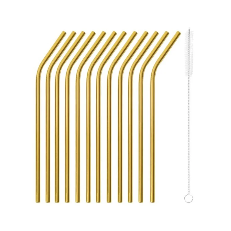 Straws Curved Set of 12 Gold - D: 1/4" Length: 8 1/2"
