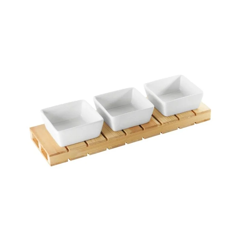 Square Bowl Set with Wood Base - 5 oz - 13¾” x 4⅜” x ⅞”